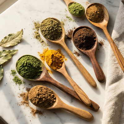 Freshly prepared herbal powders used for customized treatments by the best Ayurveda doctor in Thanjavur at Agathiyar Vaidhya Salai.