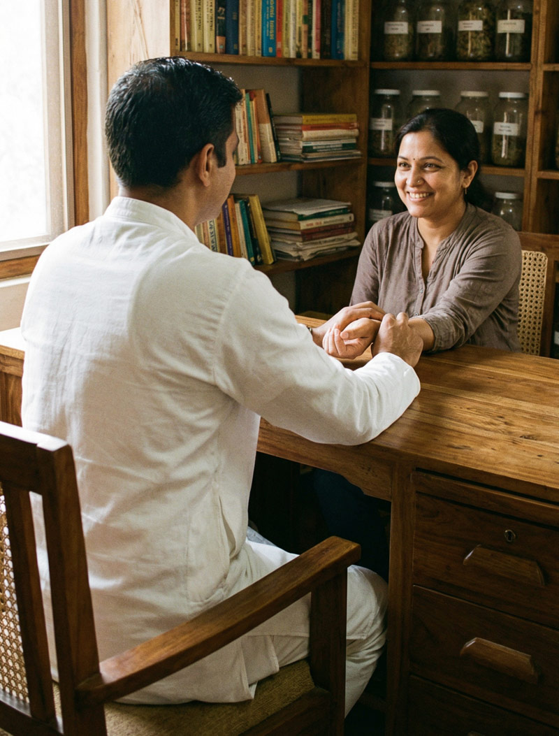 A consultation session with the best Ayurveda doctor in Thanjavur at Agathiyar Vaidhya Salai.