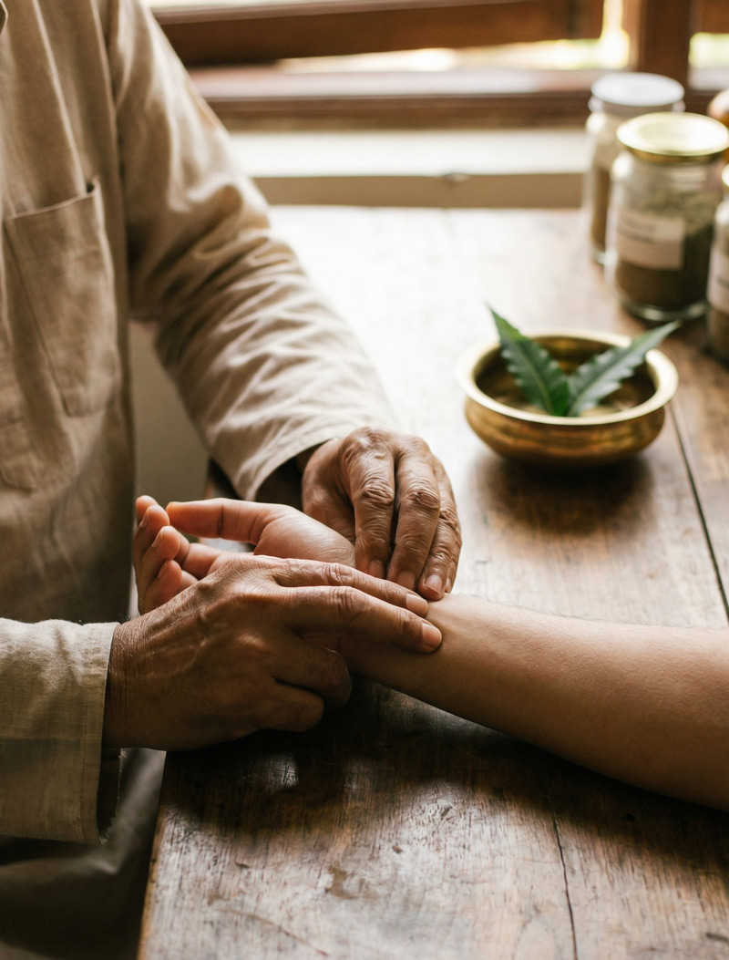Dr. T.D. Sivagurunathan performing traditional pulse diagnosis at Agathiyar Vaidhya Salai in Thanjavur.