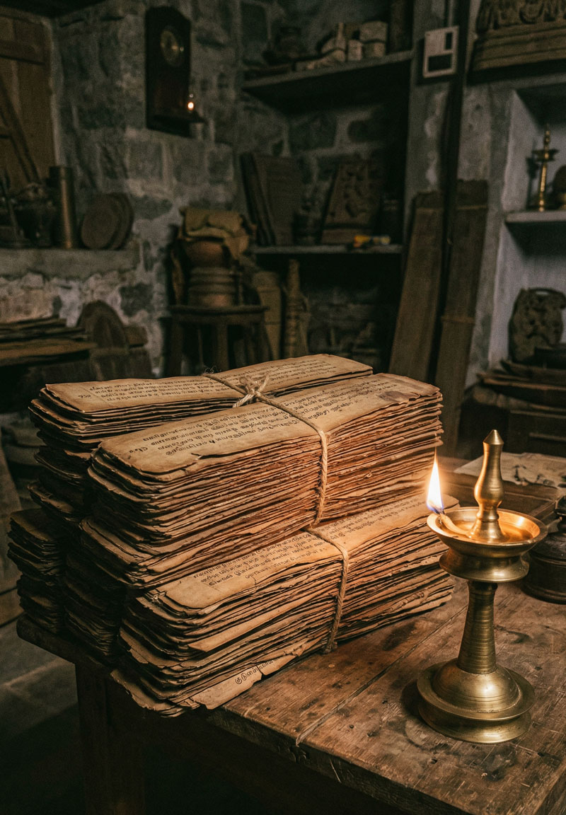 Ancient Siddha palm leaf manuscripts representing the traditional knowledge used at the clinic.